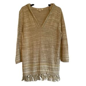 Tommy Bahama Anacapa Fringe Linen Blend Sweater V-Neck Hooded Women L Taupe Boho